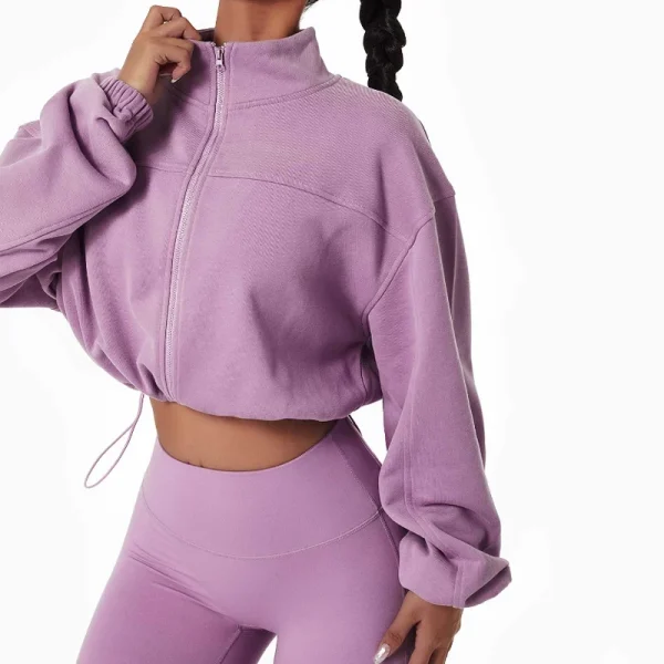 Long Sleeve Drawstring Hem Cropped Sport Jackets Top Women Zip up Stand Collar Crop Workout Sweatshirt - Image 2