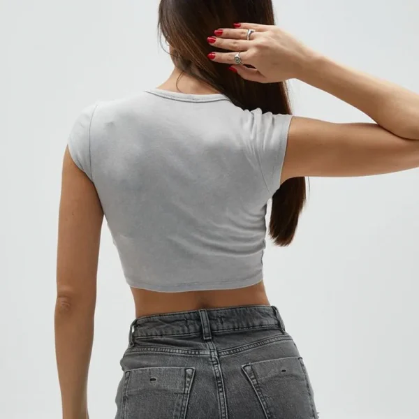 Y2K Women's Round Neck Short Sleeve Slim Fitted Crop Top Casual Crop T Shirts Basic - Image 5