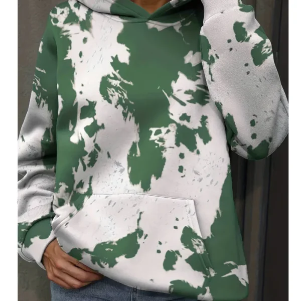 High Quality Green Tie Dye Print Kangaroo Pocket Loose Hoodie for Women - Image 2