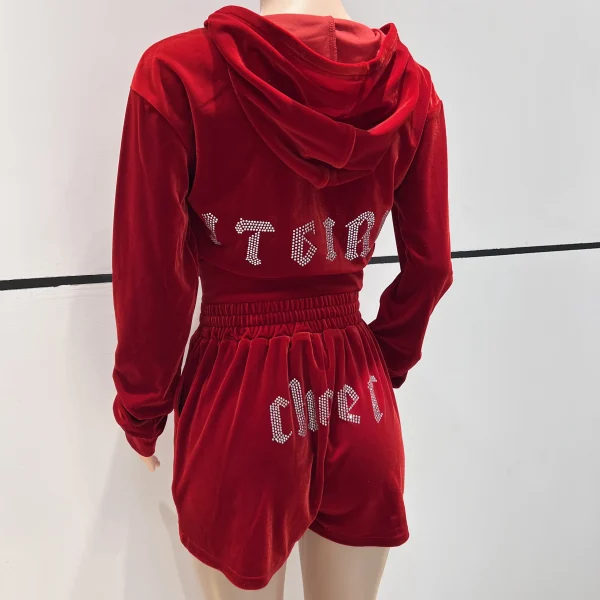 Women Set Rhinestone Embroidery Crop Zip Hoodie and Shorts Sweatpants Velvet Sweatsuit Big Bling Velour Tracksuit - Image 5