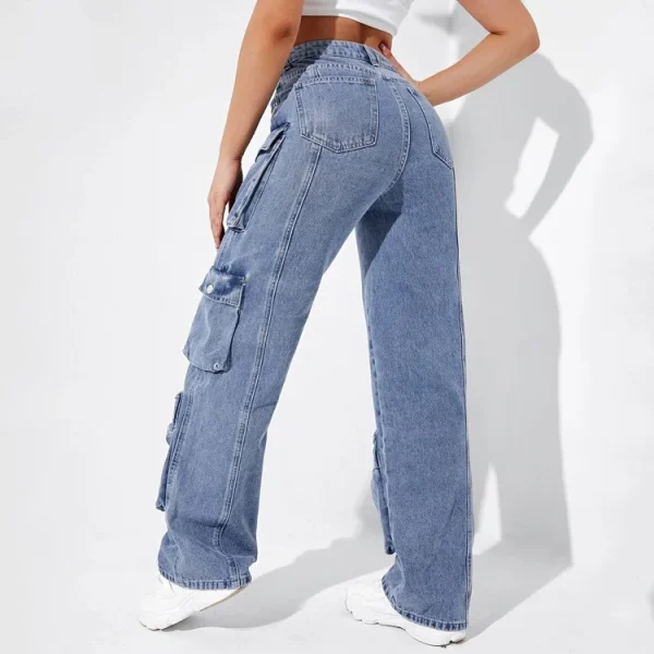 High Quality High Waisted Cargo Pockets Denim Pants Wide Legs Street Wear Baggy Cargo Jeans for Women - Image 2