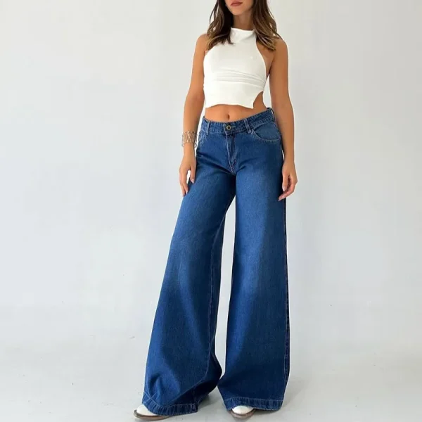 Women's Washed Blue High Waisted Loose Denim Pants Wide Leg Baggy Boyfriend Jeans - Image 4
