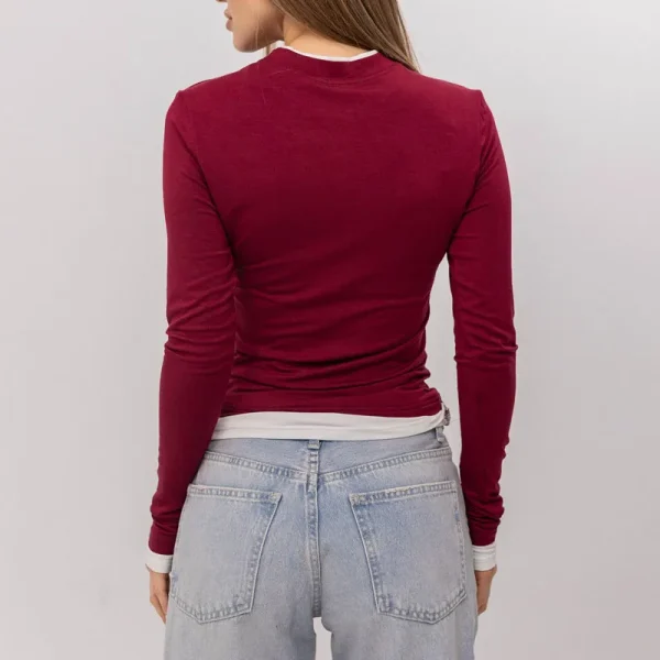 Womens Cotton Long Sleeve Crewneck Casual Tops Tee Color Block Slim Fitted Basic T Shirts - Image 3