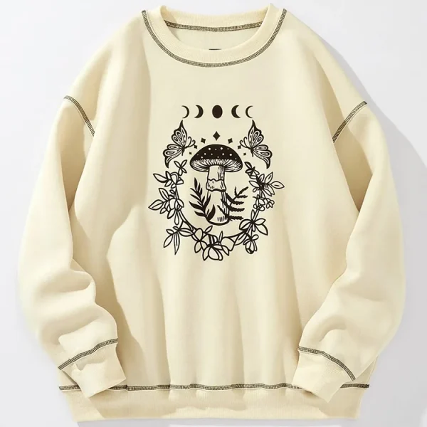 High Quality Fleece Crew Neck Mushroom Printed Embroidered Sweatshirts for Women