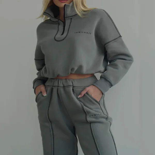 Boutique Womens Streetwear Inverted Stitching Half Zipper Pullover Sweatpants Two Piece Set Women Clothing - Image 6