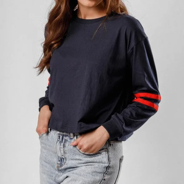 Women Long Sleeve Stripe Crop Tops Loose Crew Neck Cropped T-Shirts Drop Shoulder Casual Basic Tees - Image 4