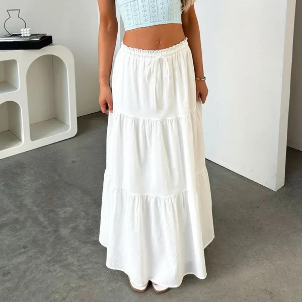 Women Flowy Long Skirt Summer Pleated Elastic High Waisted Casual Tiered Maxi Skirt