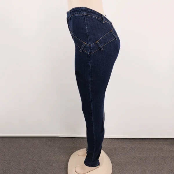 Women Designer Casual Two-tone Skinny Washed Letter Hollow Denim Jeans Trousers - Image 3