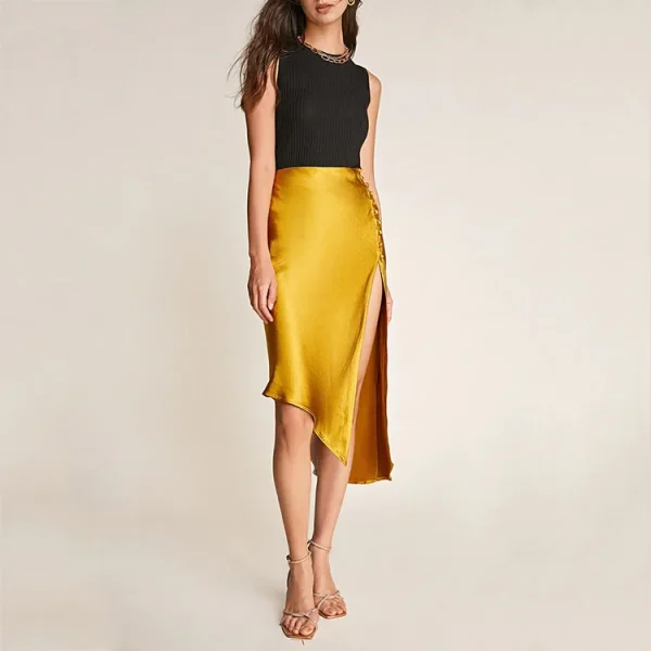 Women Casual High Quality Satin Button Side Asymmetric Midi Skirt - Image 2