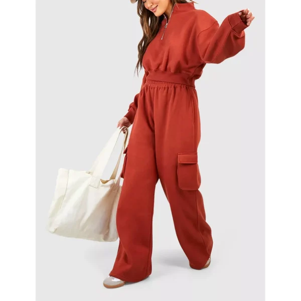Outfit 2 Piece Sweatpants and Half Zip Hoodie Set Cotton Cargo Pockets Pants Elastic Trouser Cuffs Jogging Suits for Women - Image 2