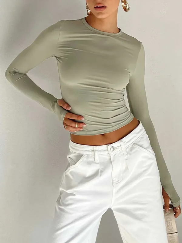 Women's Long Sleeve T-Shirt Crew Neck Solid Slim Fit Crop Top With Thumb Holes Streetwear - Image 3