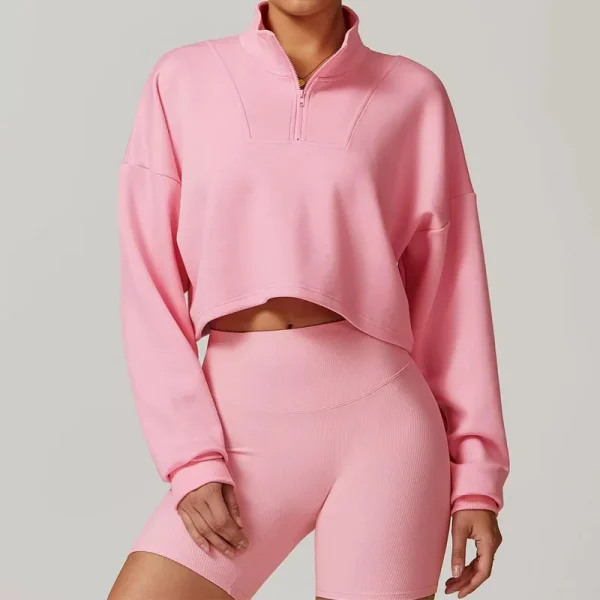 Breathable Cotton Women's Fitness Sportswear Crop Tops Long Sleeves Turtleneck Half Zip Crop Sweatshirts - Image 4