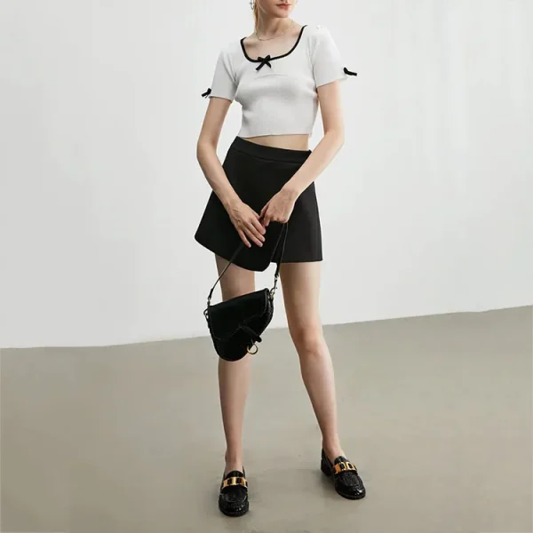 Women Casual High Quality Bow Obsession White Ribbed Cropped Top T Shirt - Image 3