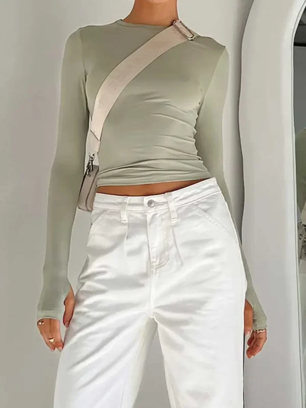 Women's Long Sleeve T-Shirt Crew Neck Solid Slim Fit Crop Top With Thumb Holes Streetwear - Image 4