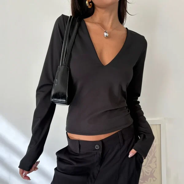 Summer Women's Casual Basic T Shirts Deep V Neck Sexy Long Sleeve Crop Top - Image 4
