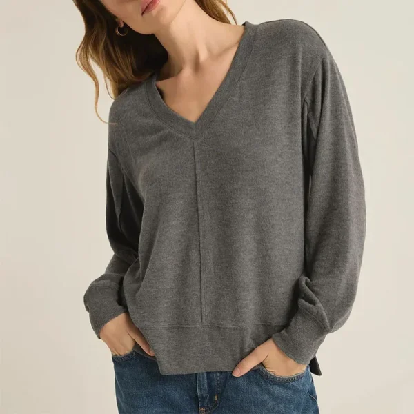 Women's V-Neck Long Sleeve Fleece Soft Casual Basic Top Drop Shoulder Loose Basic Tees  Clothes Casual Outfits - Image 2