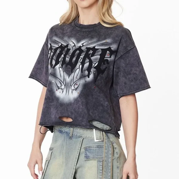 Women Summer Crop Tee 100% Cotton Drop Shoulder Short Sleeve Printed Vintage Acid Wash Distressed Crop Top T-shirt - Image 2