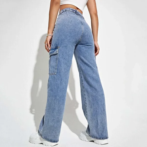 High Waisted Flap Pocket Straight Legs Streetwear Cargo Jeans for Women - Image 6