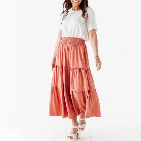 Womens Summer Flowy Boho Midi Maxi Skirt Elastic High Waist a Line Pleated Tiered Trendy Beach Long Skirts with Pockets - Image 4