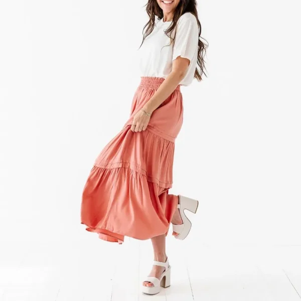 Womens Summer Flowy Boho Midi Maxi Skirt Elastic High Waist a Line Pleated Tiered Trendy Beach Long Skirts with Pockets - Image 5