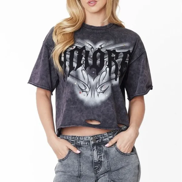 Women Summer Crop Tee 100% Cotton Drop Shoulder Short Sleeve Printed Vintage Acid Wash Distressed Crop Top T-shirt