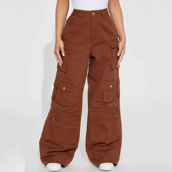 Women's Jeans High Quality Baggy Wide Leg Denim Pants Women's Jeans Zipper Fly High Rise Cargo Jeans  With Pocket