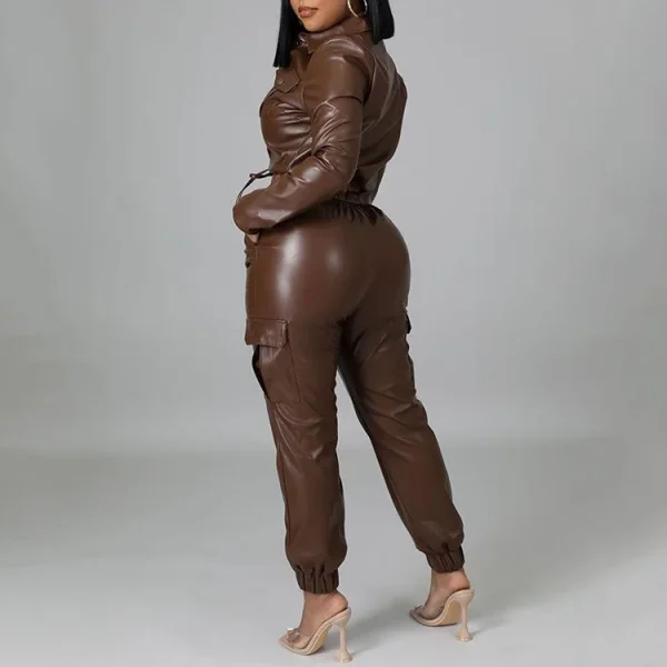 Women Fashion Pu Leather Jacket Set Long Sleeve Jacket Tops Pants Two Piece Outfits Set - Image 3