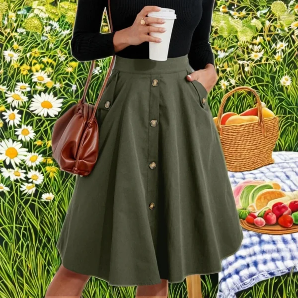 Ladies Midi Women's Skirts Elegant Baggy with Button High Waist French Pocket Empire Waistline Breathable Low Price - Image 3