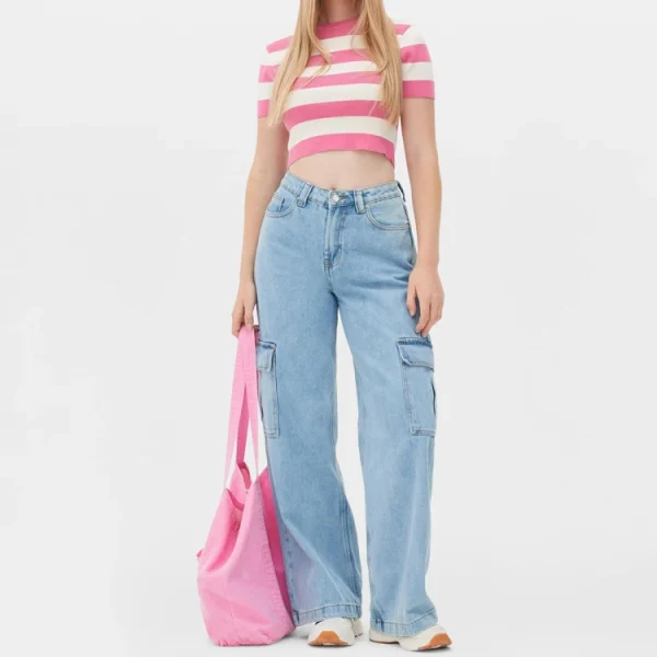 Women Zipper Fly Wide Leg Cargo Jeans Vintage Denim Jeans - Image 2