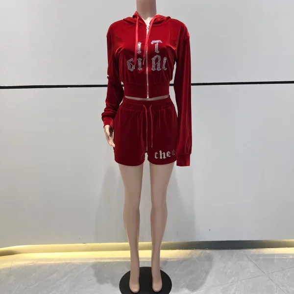 Women Set Rhinestone Embroidery Crop Zip Hoodie and Shorts Sweatpants Velvet Sweatsuit Big Bling Velour Tracksuit