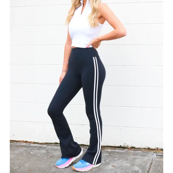 Double Contrast Striped Flare Women's Legging High Waist Pants  Sports Slim Trousers