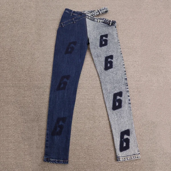 Women Designer Casual Two-tone Skinny Washed Letter Hollow Denim Jeans Trousers - Image 4