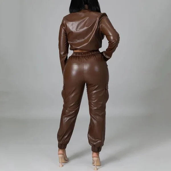 Women Fashion Pu Leather Jacket Set Long Sleeve Jacket Tops Pants Two Piece Outfits Set - Image 2
