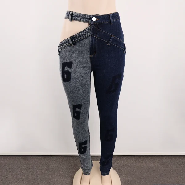 Women Designer Casual Two-tone Skinny Washed Letter Hollow Denim Jeans Trousers