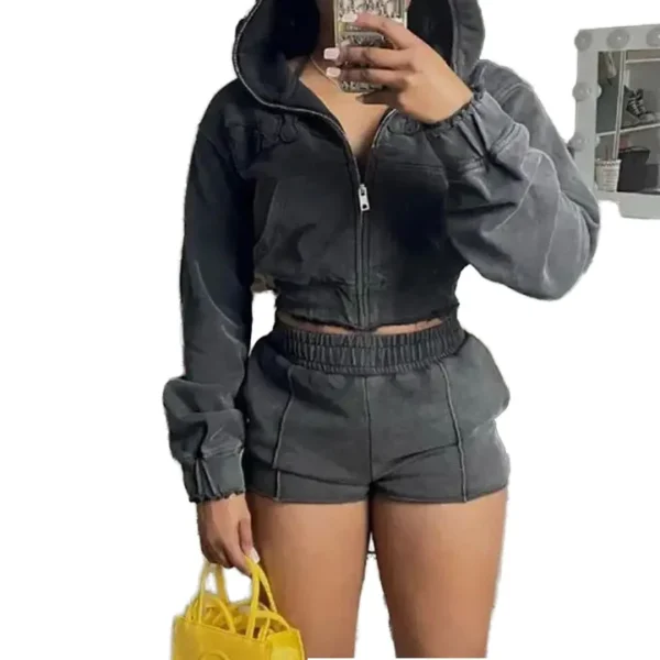 2 Piece Cargo Pockets Ladies Mini Skort Skirts Acid Washed Crop Hoodie and Skirt Set Women - Image 2