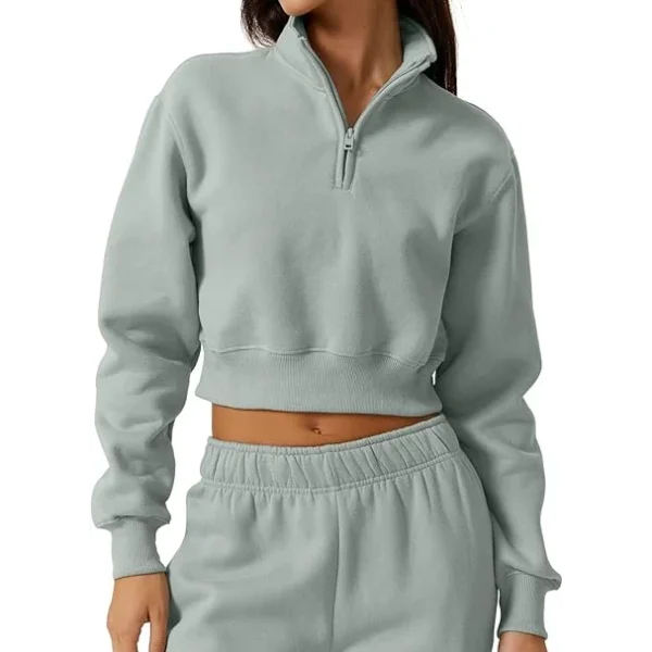 Fashion Comfort Women's Half Zip Crop Sweatshirt With Ribbed Trims on the Cuff Stand-up  Neck Long Sleeve Pullover Cropped Top