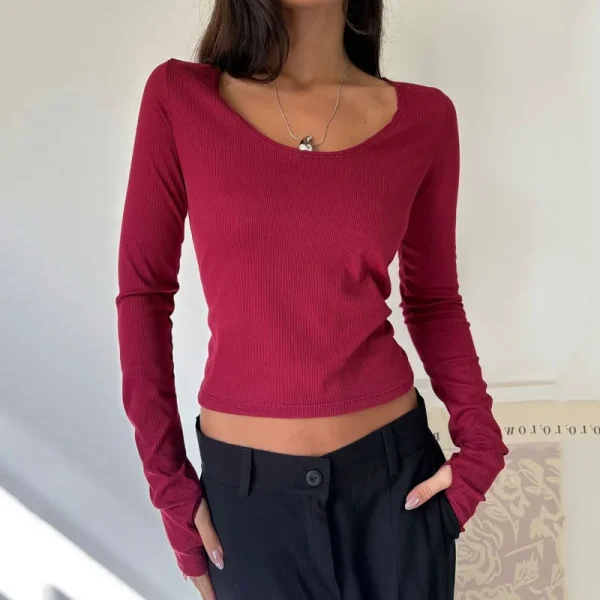 Women's Square Neck Long Sleeve Ribbed Slim Fitted Casual Basic Crop Top Casual Basic Tee with Thumb Hole - Image 3