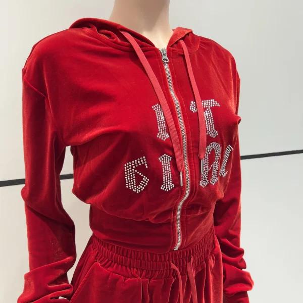 Women Set Rhinestone Embroidery Crop Zip Hoodie and Shorts Sweatpants Velvet Sweatsuit Big Bling Velour Tracksuit - Image 3