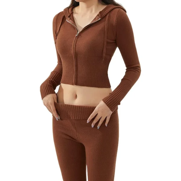 MIRANDA Women Two Piece Outfits Set Ribbed Knit Ladies Hoodie Zip up Drawstring Hooded Mid Waist Skinny Pants Set