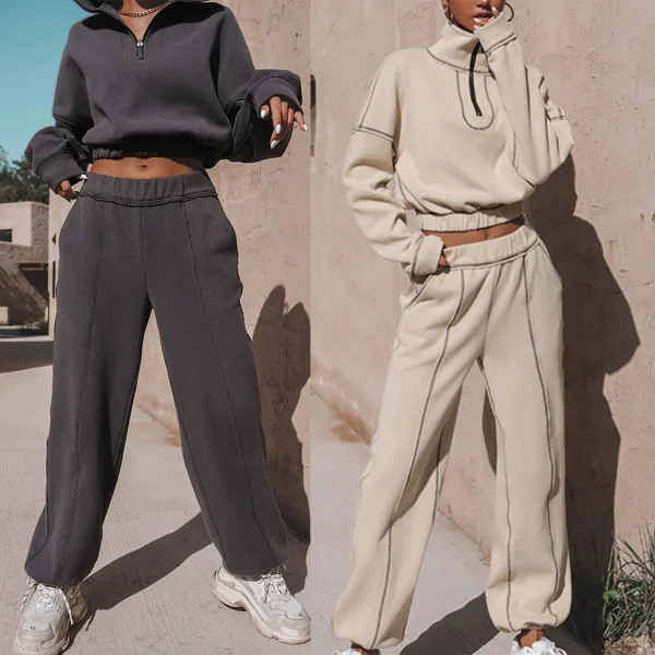 Fast Women Fashion Crop Hoodies Sets Autumn Striped Zipper Turtleneck Sweatshirt and Jogger Sets