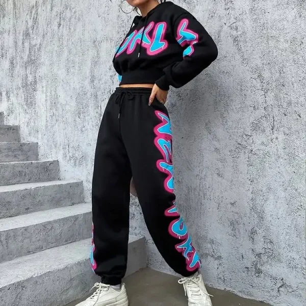 Women 2 Piece Outfits Tracksuit 100% Cotton Sweatsuit Sets Crop Zip up Hoodie and Patchwork Sweatpants Matching - Image 3