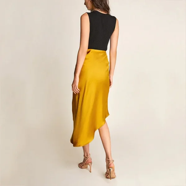 Women Casual High Quality Satin Button Side Asymmetric Midi Skirt - Image 6