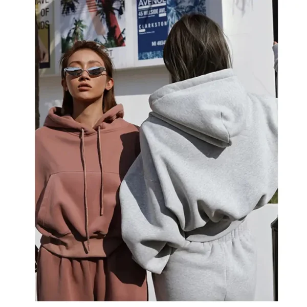 Jogger Gym Crop Top Oversize Hoodie Sweatshirt Two Piece Winter Sets Womens Tracksuits Pants Set - Image 4