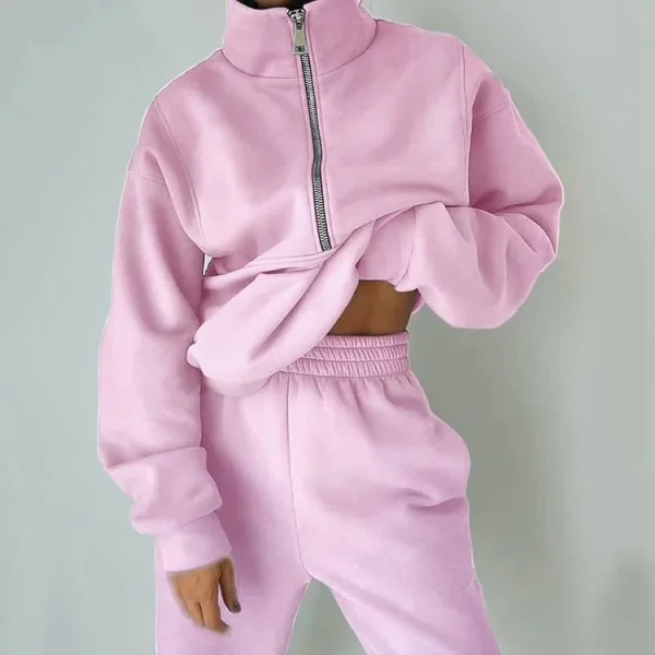 Designer Women Sweat Suit Tracksuit Half Zip Fleece Stand Collar Sweatshirt Jogger Pants Two Piece Set - Image 2