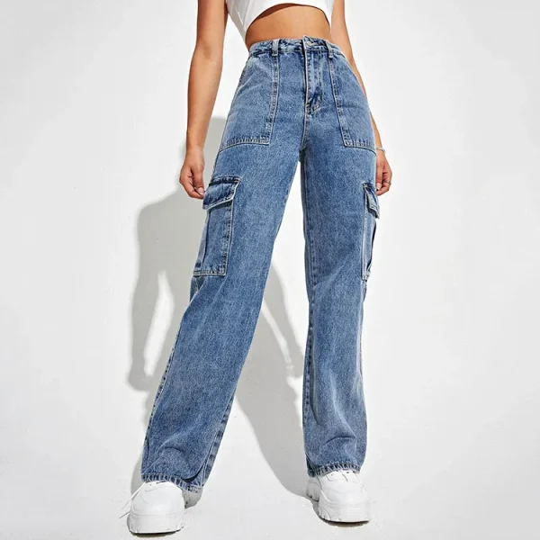 High Waisted Flap Pocket Straight Legs Streetwear Cargo Jeans for Women - Image 3