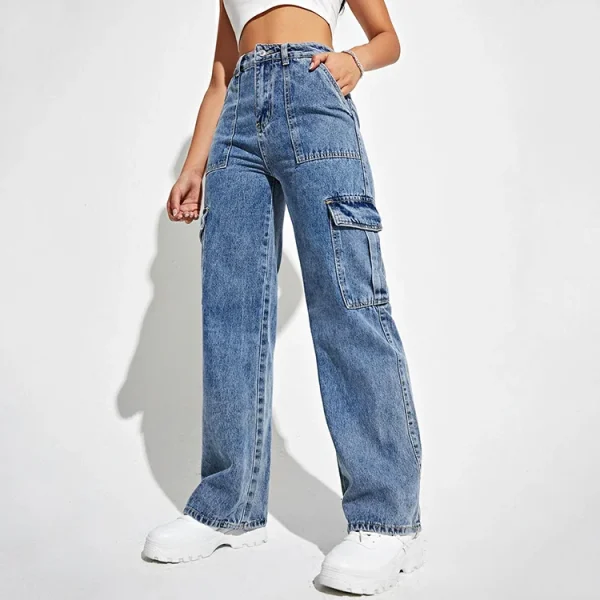 High Waisted Flap Pocket Straight Legs Streetwear Cargo Jeans for Women
