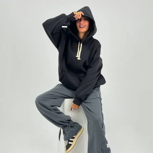 High Quality Women's Graphic Screen Printing Black Oversized Hoodie Drop Shoulder Heavy Weight Pullover Sweatshirt - Image 4