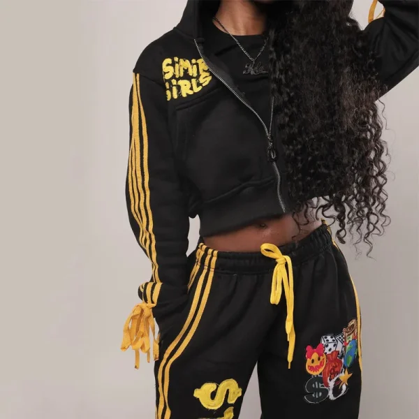 Tracksuit Womens Fleece Embroidered Patch Zip up Hoodie and Jogger 2 Piece Outfits Streetwear Tracksuit - Image 5