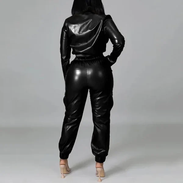 Women Fashion Pu Leather Jacket Set Long Sleeve Jacket Tops Pants Two Piece Outfits Set - Image 6
