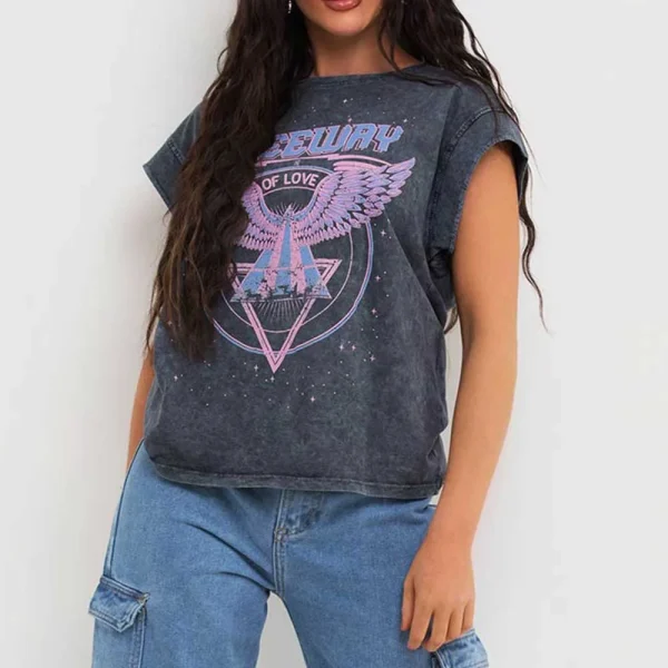 Acid Wash T Shirt With Print Washed Grey Short Sleeve Block Tee for Women - Image 5